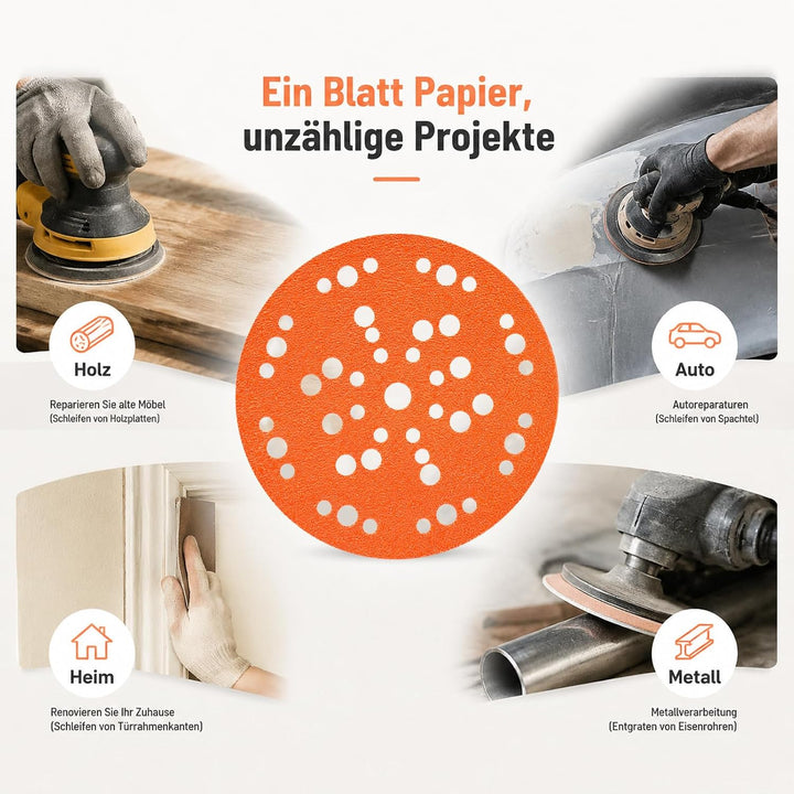 50x Orange Schleifpapier 150mm Klett 47-Loch K150 Für Auto/Holz | Schleifpapier mit Papierträger für