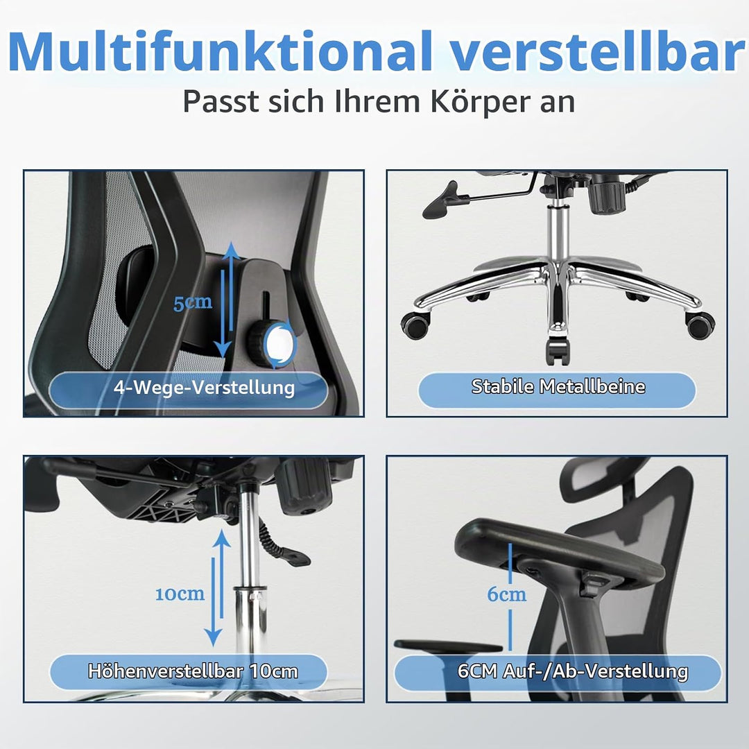 Durrafy Ergonomischer Bürostuhl, Schreibtischstuhl hat Kopfstütze, Lendenwirbelstütze, Armlehnen, Hö