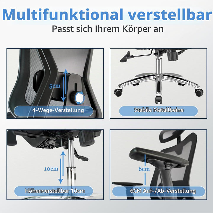 Durrafy Ergonomischer Bürostuhl, Schreibtischstuhl hat Kopfstütze, Lendenwirbelstütze, Armlehnen, Hö