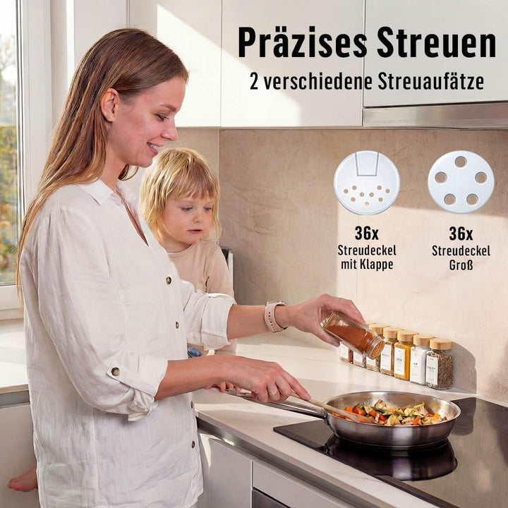 Deco haus® Gewürzgläser eckig mit Schraubkappe 36er Set [+Etiketten & Streueinsatz] - Gewürzdosen Se