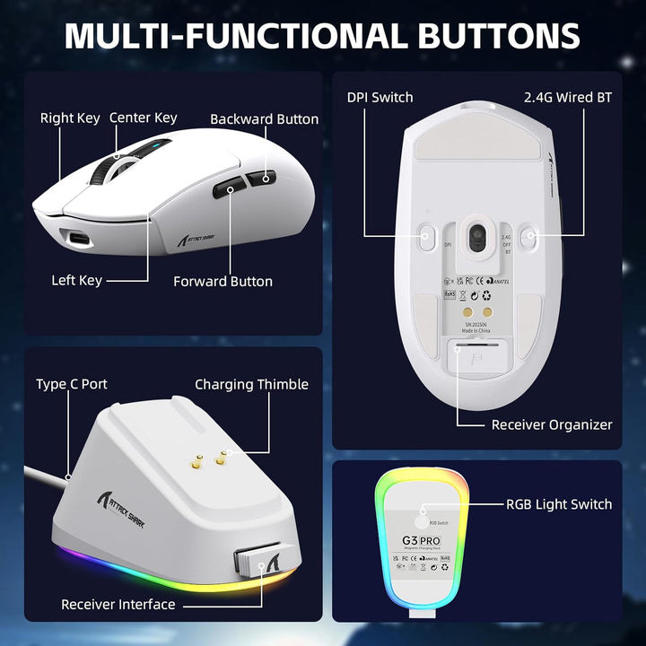ATTACK SHARK G3PRO Kabellose Gaming-Maus mit Magnetischer Ladestation, PixArt PAW3311-Sensor, Bis zu