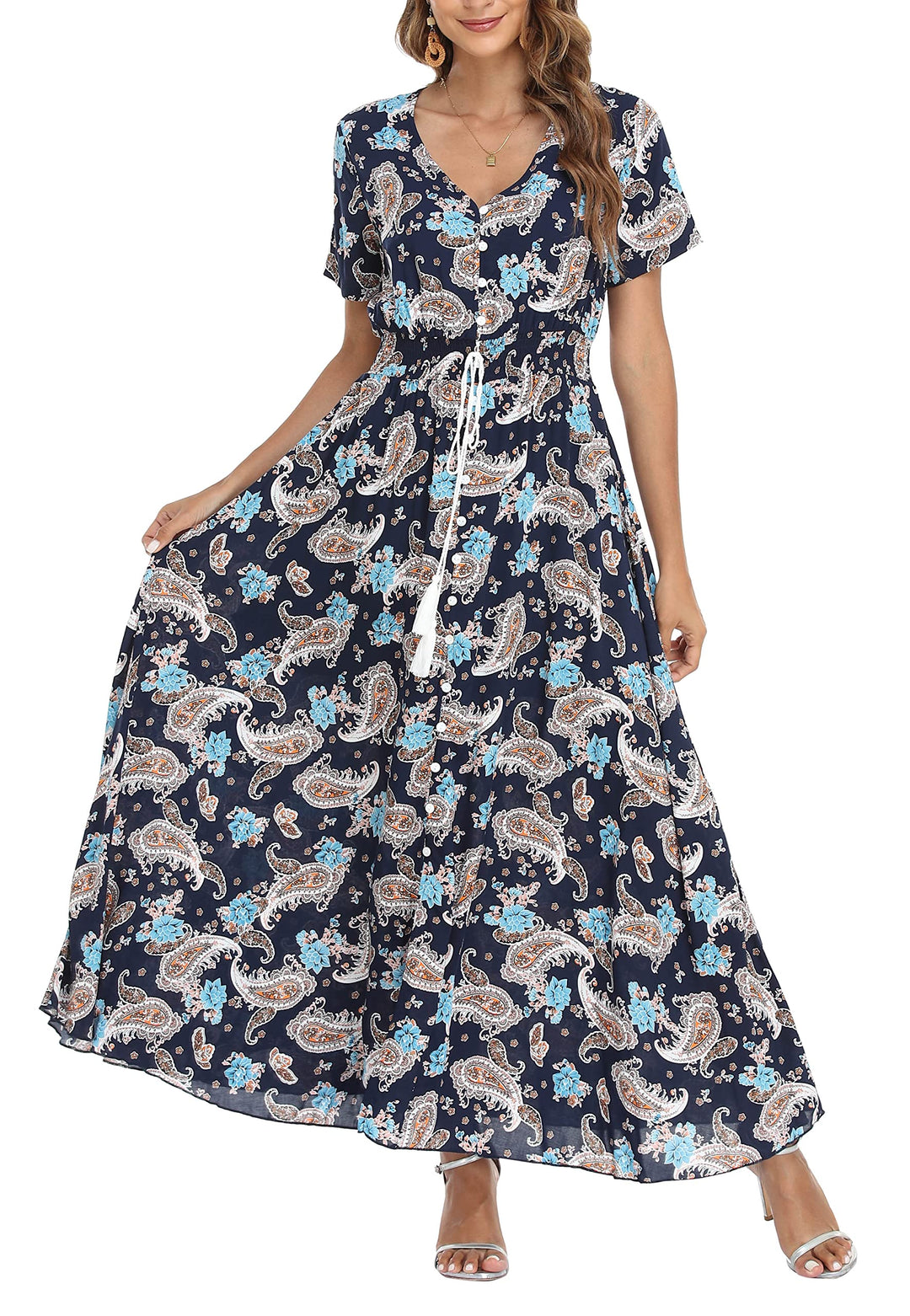 VOGMATE Damen Lange Split Knopf Up Sommer Maxikleid Floral Strandwear Holidy Kleid Hohe Taille mit k