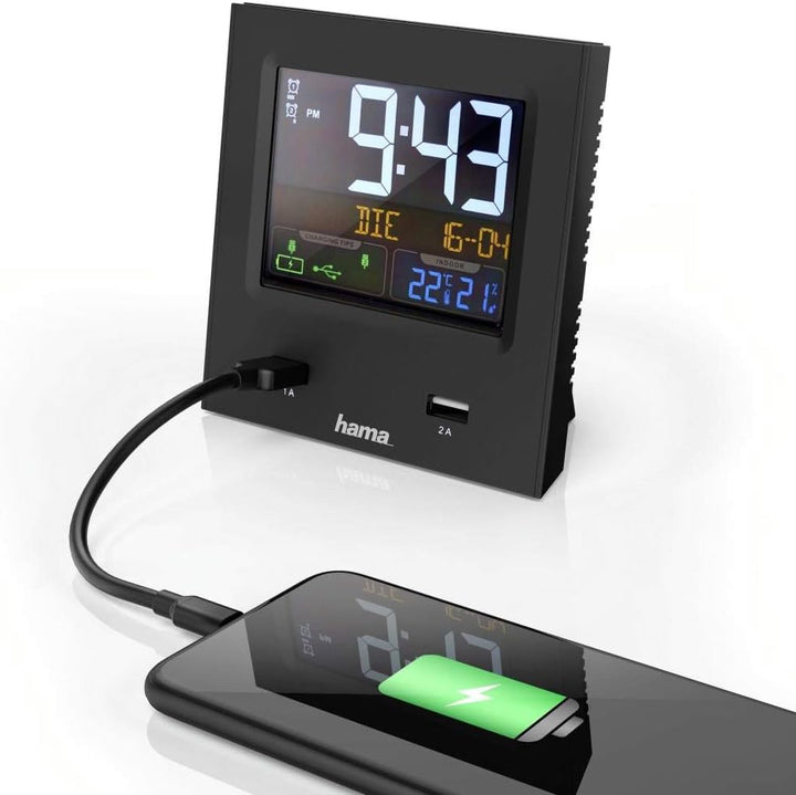 Hama Funkwecker Digital „Dual USB“ (Digitalwecker mit 2-facher USB-Ladefunktion, Speed-Alarm, 2 Weck