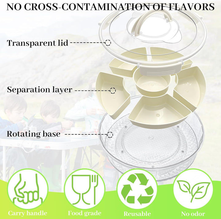 6-Fach Snackbox Rund-Ø30x10cm- 360° Snack Spinner Drehbar mit Deckel & Griff,Snackdose Organizer Gro
