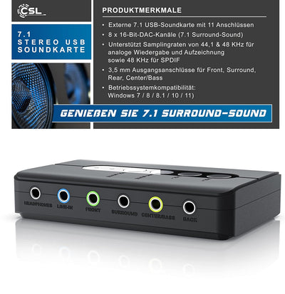 CSL - USB 7.1 Soundkarte extern - 7.1 Surround Sound – Stereo Audio Adapter - Lautstärkeregelung - A