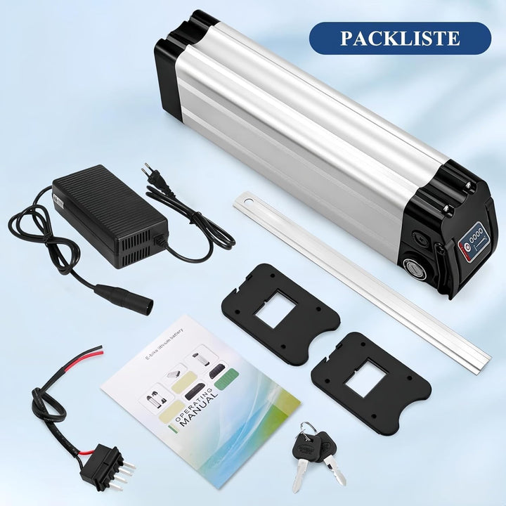 X-go E-Bike Akku 36V 10.4Ah LiIon Batterie, Silver Fish 4Pin Ebike Kit mit Ladegerät, Pedelec Fahrra