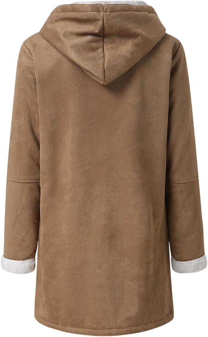 Oversize Fleecejacke Damen Lang Einfarbig Winterjacke Wildleder Sweatjacke mit Kapuze Zweireihige St