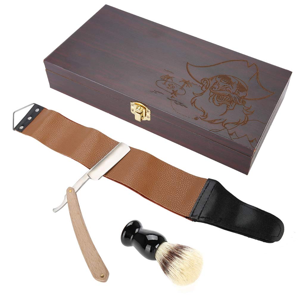 Rasiermesser Set, 3-Teilig – Handrasierer–Rasierpinsel – Rasierspitzer Gürtel – Geschenkbox Aus Holz
