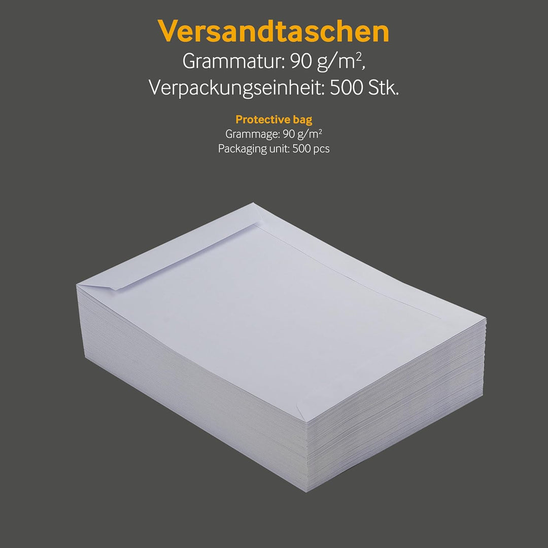 500 Stück, Versandtaschen, DIN C5, Haftklebung mit Abziehstreifen, Gerade Klappe, 90 g/qm Offset, Oh