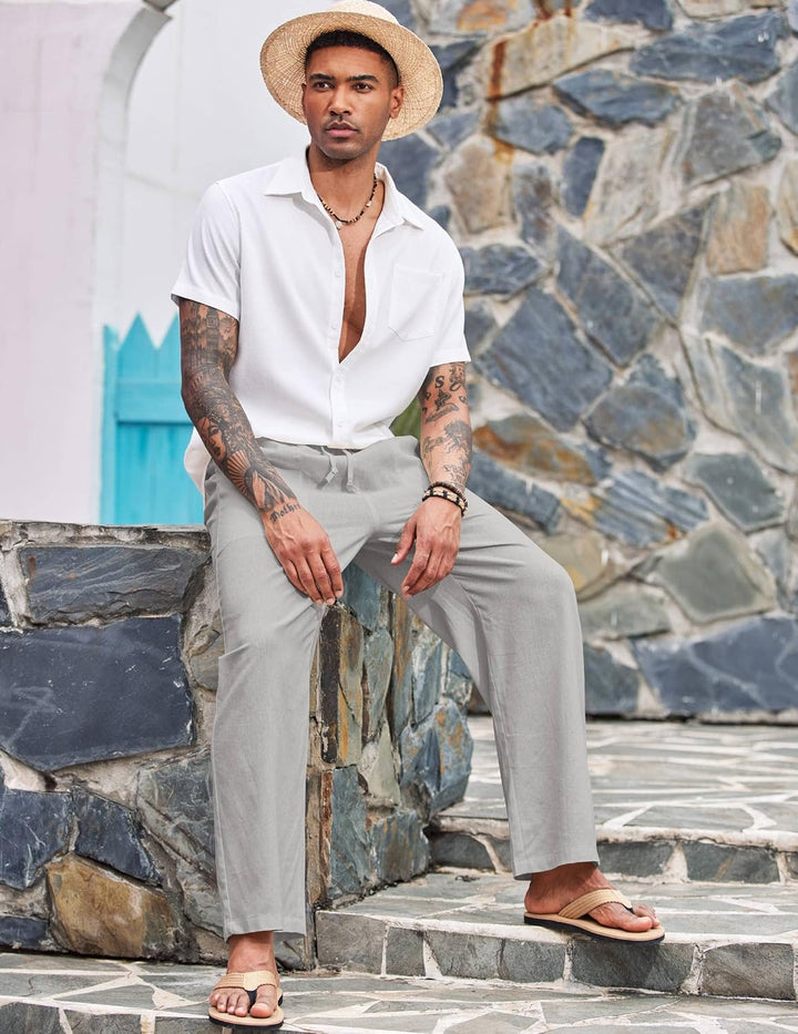 COOFANDY Herren Leinenhose mit Kordelzug Leicht Sommerhose Freizeithose Strandhose mit Tasche Grau M