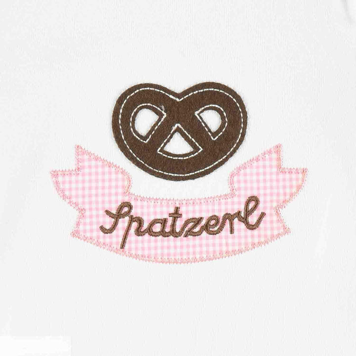 Trachten Set für Mädchen bestehend aus Baby Body mit langem Arm Motiv "Brezel" mit Stickerei "Spatze