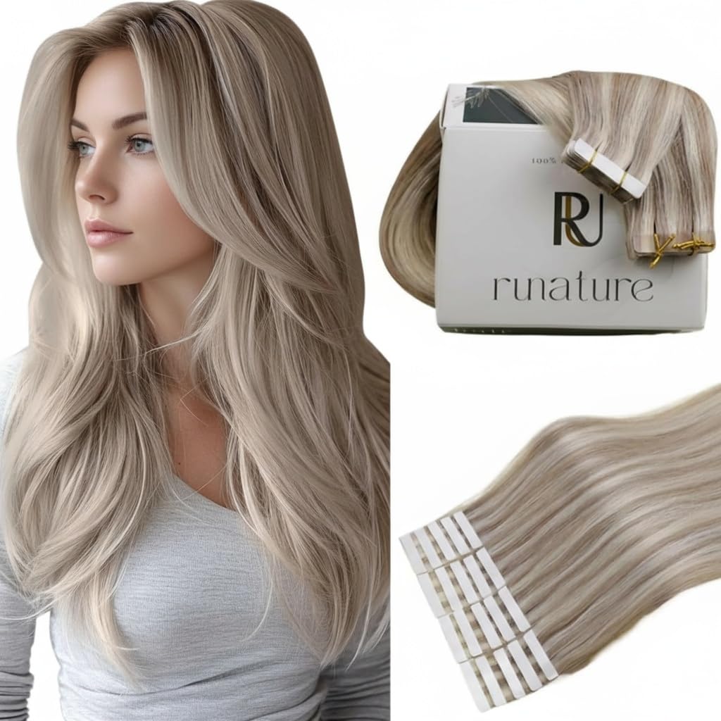 RUNATURE Tape in Extensions Echthaar Blond Highlights 35 cm Glatt Echthaar Tape Extensions Graublond