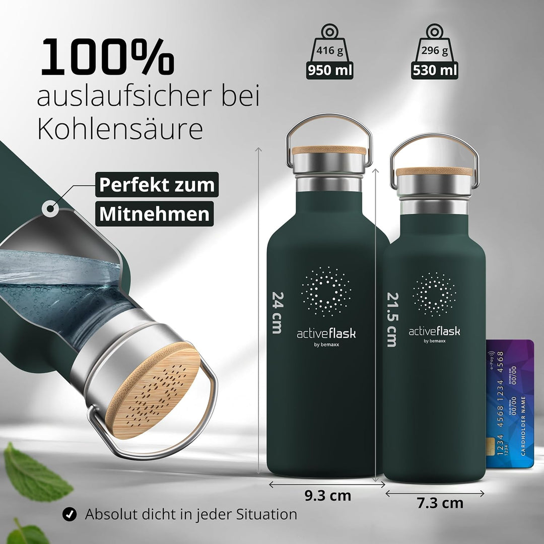 Trinkflasche Edelstahl mit Strohhalm, Infuser + 3 Deckel: BPA-frei, Auslaufsicher, Kohlensäure geeig