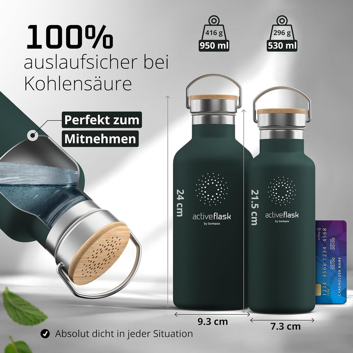 Trinkflasche Edelstahl mit Strohhalm, Infuser + 3 Deckel: BPA-frei, Auslaufsicher, Kohlensäure geeig