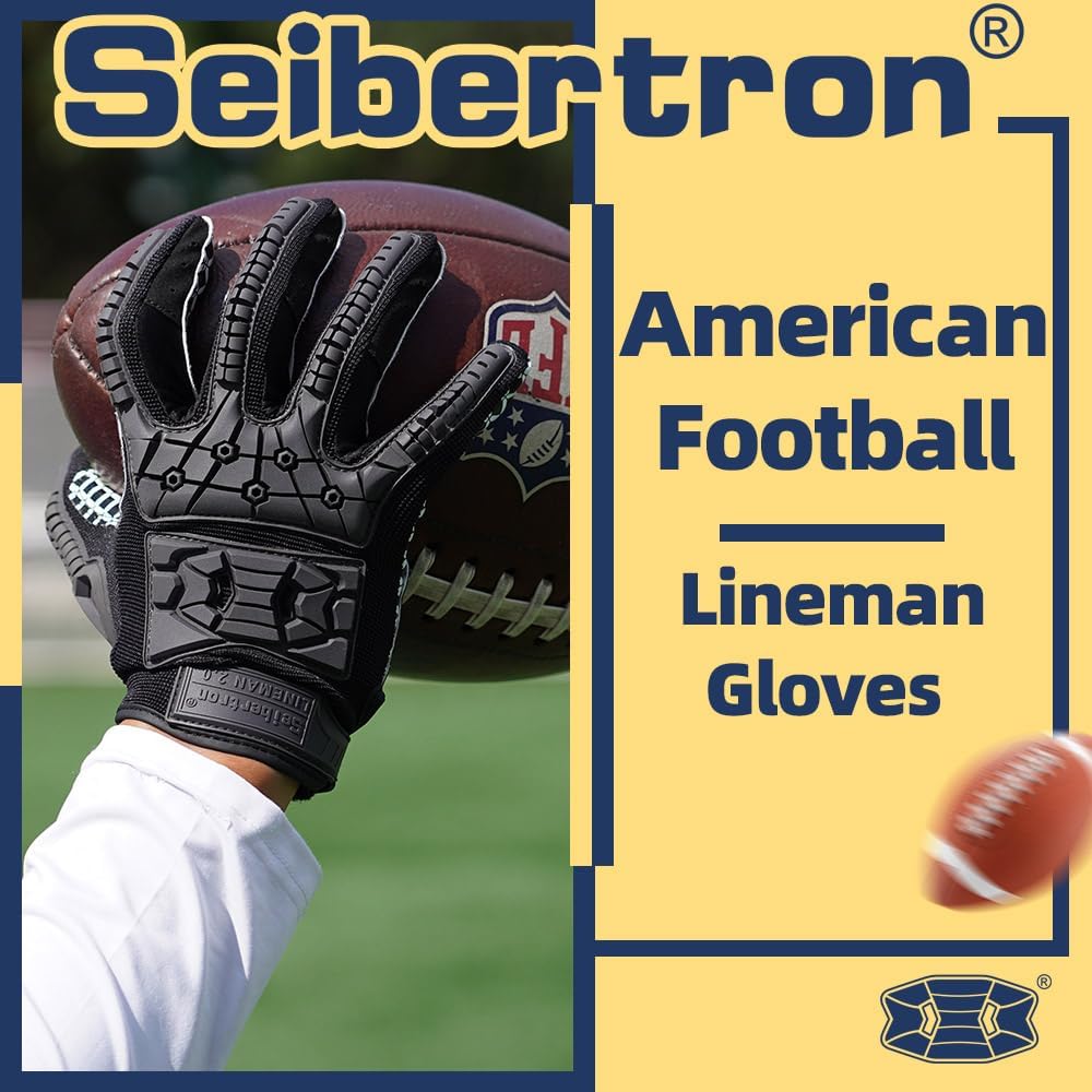 Seibertron Lineman 2.0 Padded Palm Football Receiver Gloves, Flexible TPR Impact Protection Back of