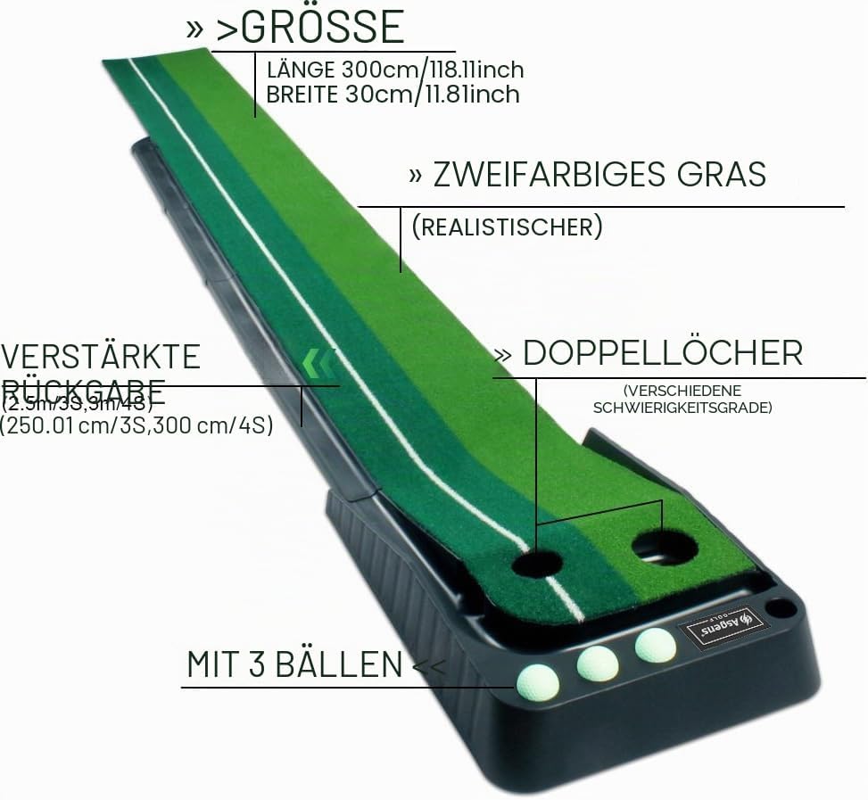 Minigolf für zuhause, Putting Matte mit Auto-Rückkehr &amp; Kunstrasen – Minigolf Set mit 3 Golfbällen,