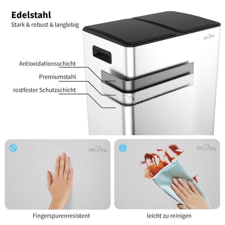 mVm Mülleimer Küche,40 Liter Treteimer,2x20L Doppelter Abfalleimer 2er-Mülleimer Mülltrennung mit In