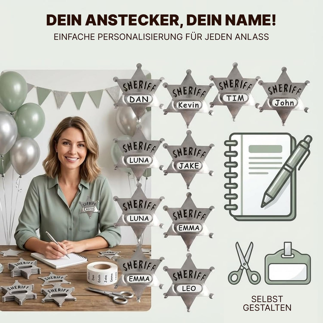 Bedwina Sheriff-Abzeichen aus Metall – (24 Stück) Silberne Stern-Namensschilder mit Aufklebern für p