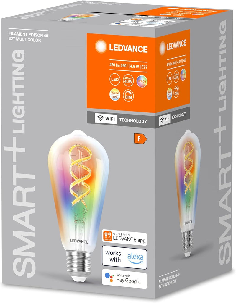 LEDVANCE SMART+ WIFI LED-Lampe, Weissglas, 4,8W, 470lm, Edison-Form mit 64mm Durchmesser & E27, regu