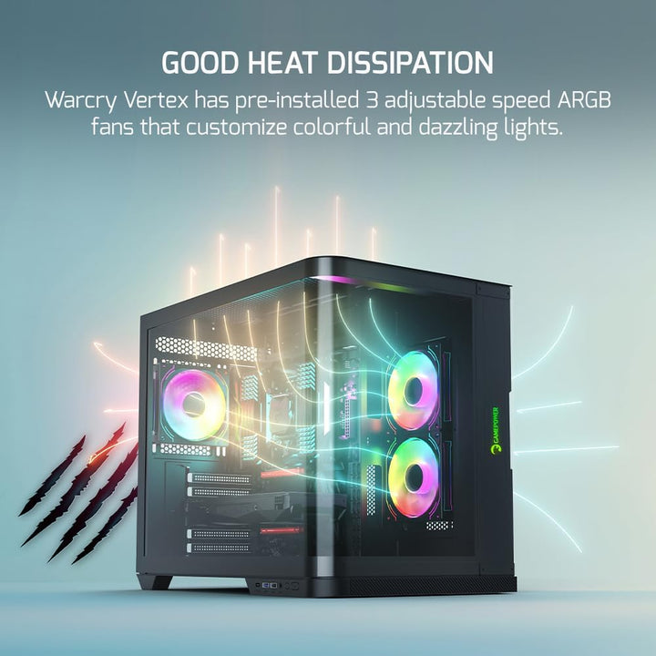 GAMEPOWER Warcry Vertex Curved Gaming PC Gehäuse, ATX Mid Tower, Desktop Computer Case Tempered Glas