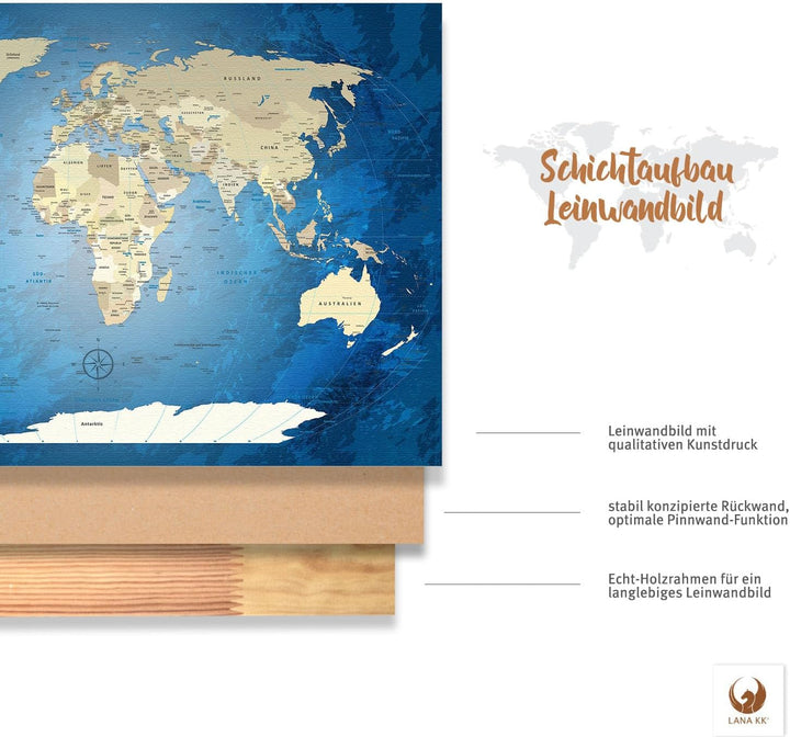 LANA KK Leinwandbild - World Map Blue Ocean - in 100 x 70 cm, einteilig, Premium Qualität, mit Korkr