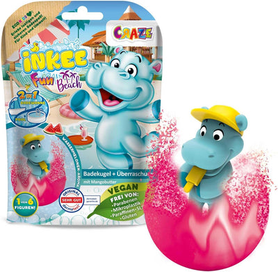 INKEE Fun Beach 8er Multipack | 8x Badekugeln Kinder mit Überraschung, Badebomben Kinder mit Hippo F