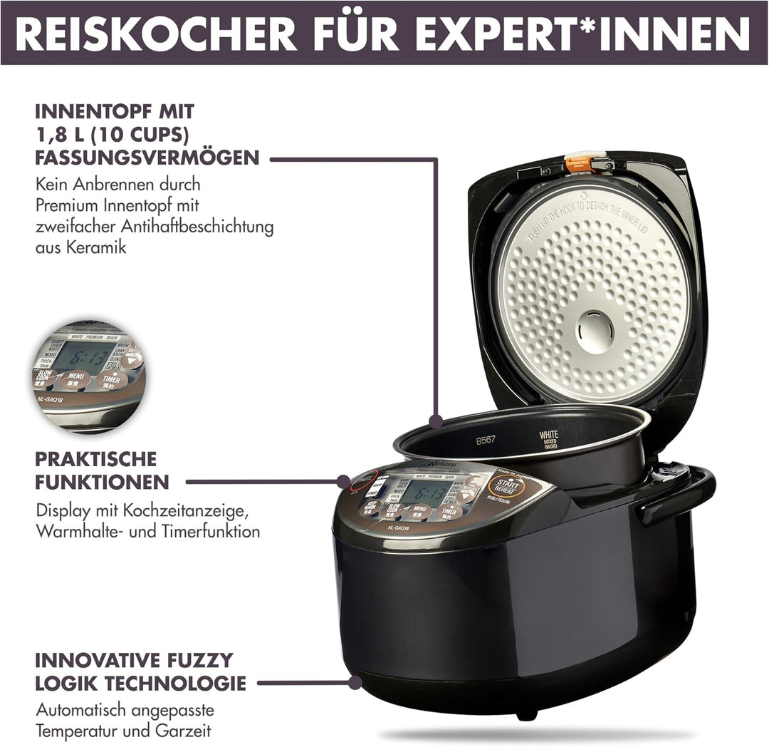 ZOJIRUSHI Premium Reiskocher NL-GAQ18 – 1,8 Liter (10 cups) – mit Warmhaltefunktion – inkl. Messbech