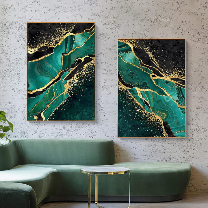 Grün Gold Marmor Leinwand Wandkunst,moderne abstrakte dunkelgrüne Goldfolienlinien, Marmor Poster sm