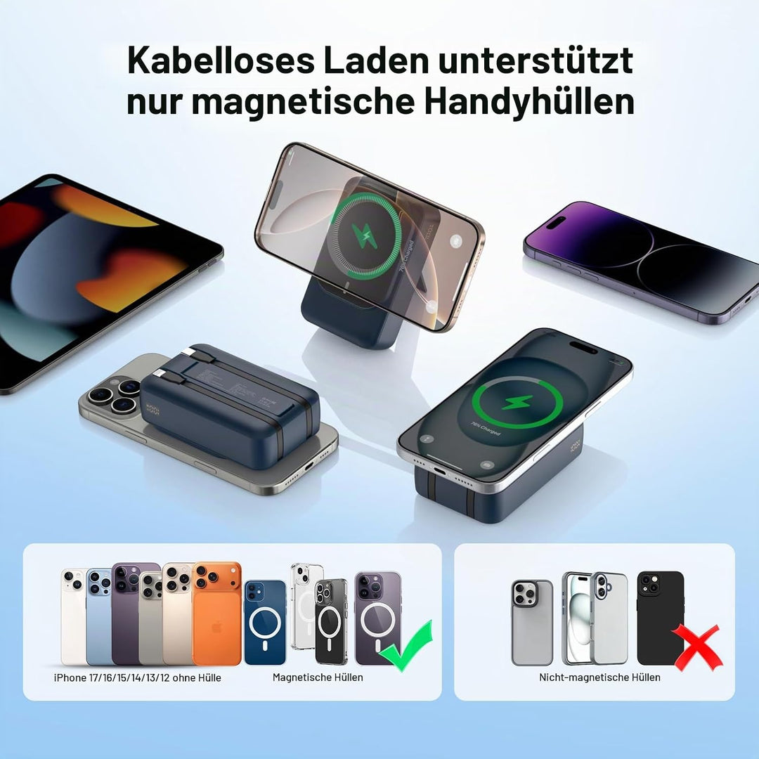 Magnetische Wireless Powerbank 26800mAh, Power Bank für Magsafe mit Eingebauten Kabeln, 5 Ausgänge P