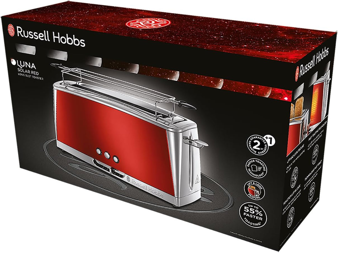 Russell Hobbs Toaster [Langschlitz für 2 Scheiben / 1 breite Brotscheibe] Luna Edelstahl Rot (extra