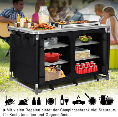 TRMLBE Campingküche Campingschrank Faltbar Reiseküche Zeltschrank mit Aluminiumgestell Staufächer Ou