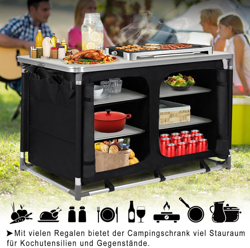 TRMLBE Campingküche Campingschrank Faltbar Reiseküche Zeltschrank mit Aluminiumgestell Staufächer Ou