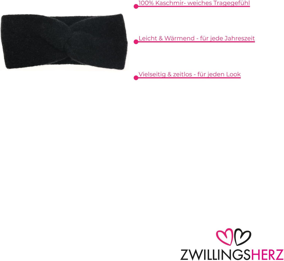 Zwillingsherz Stirnband aus 100% Kaschmir - Hochwertiges Grobstrick-Kopfband im Uni Design für Damen