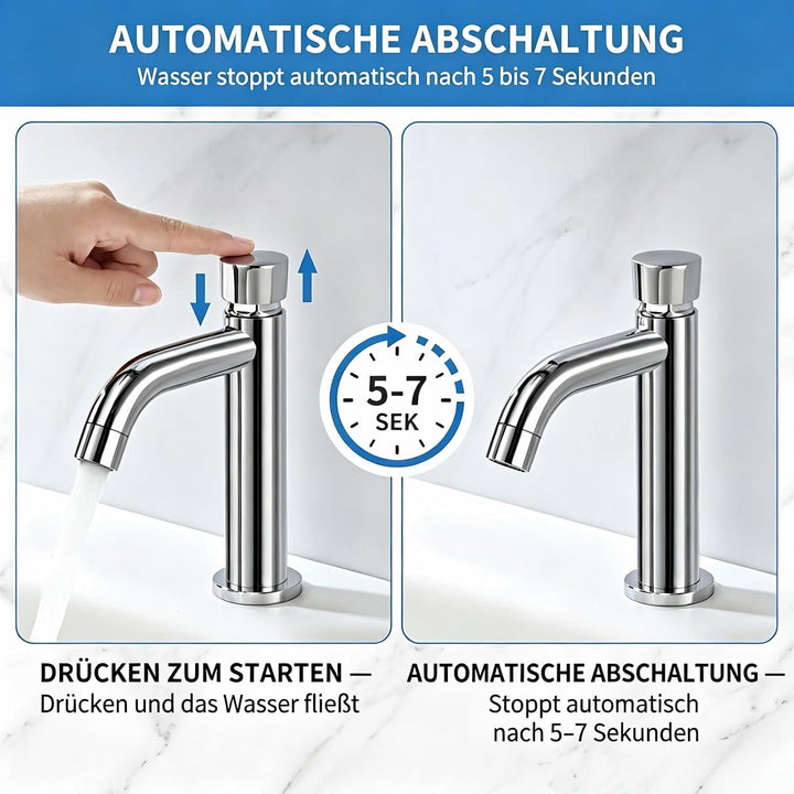 Zeitverzögerungsarmatur Kaltwasserhahn Gäste WC, Selbstschlussarmatur | Aus Edelstahl 304 mit Chromo