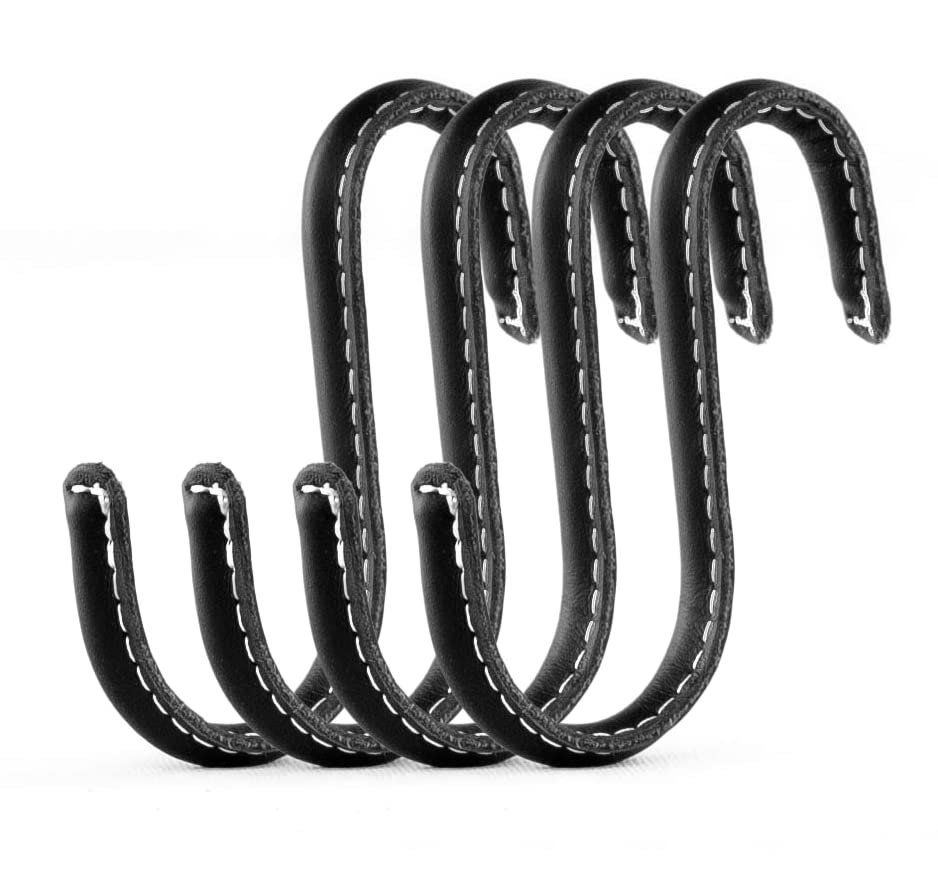 Brute Strength - S-Haken mit Vollnarbenleder umwickelt - 4 Stück - Schwarz - 10 cm Edelstahl-Metallb