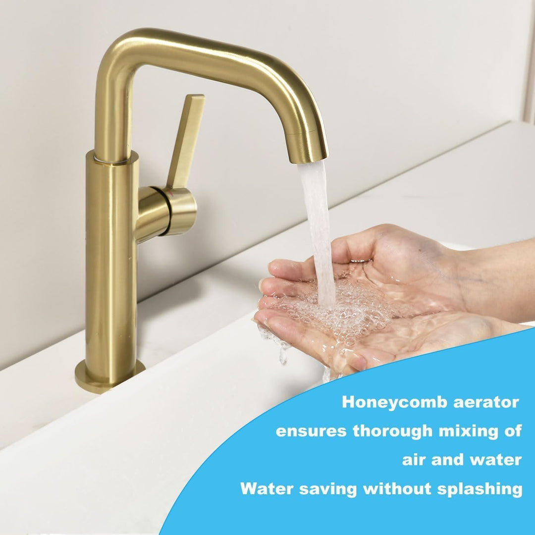 ONECE Wasserhahn Bad Hoch Gold, 360° Drehbar Waschtischarmatur, Einhebel Mischbatterie für Aufsatzwa