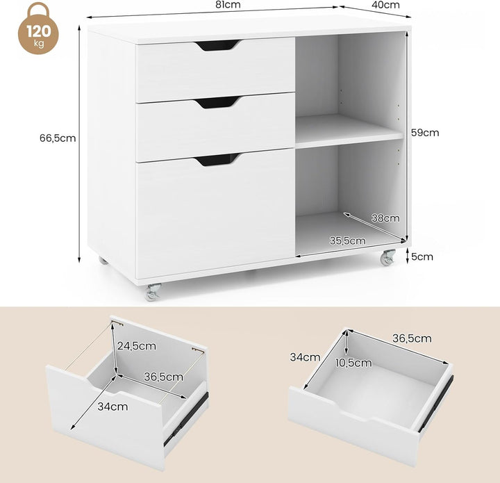 COSTWAY Rollcontainer mit 3 Schubladen, Aktenschrank mit Rollen und offenen Fächern, Druckerständer,