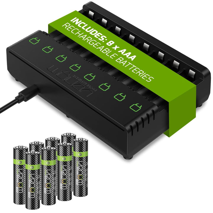 Venom 8-Wege-Ladestation mit 8 x wiederaufladbaren AAA-Batterien mit hoher Kapazität von 800 mAh. Ch