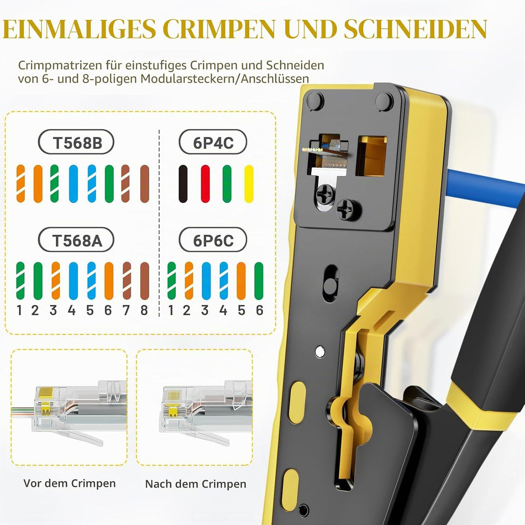 RJ45 Crimpzange Ethernet Crimp Tool Crimper für RJ11/RJ12 Standard, RJ45 Pass Through Stecker, Gelb