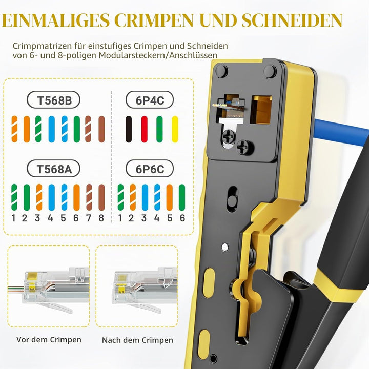 RJ45 Crimpzange Ethernet Crimp Tool Crimper für RJ11/RJ12 Standard, RJ45 Pass Through Stecker, Gelb
