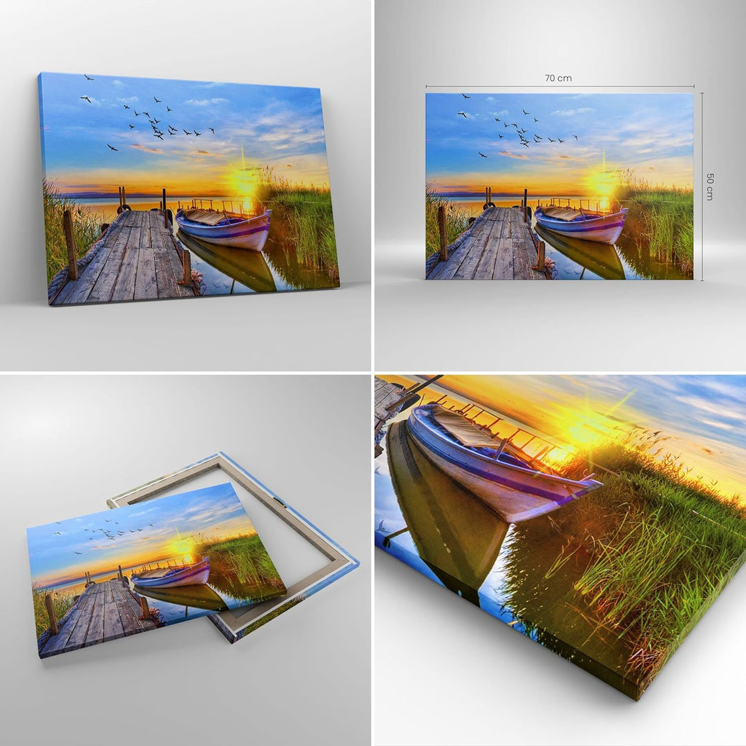 Bilder auf Leinwand See Boot Wasser Leinwandbild mit Rahmen 70x50cm Wandbilder Dekoration Wohnzimmer