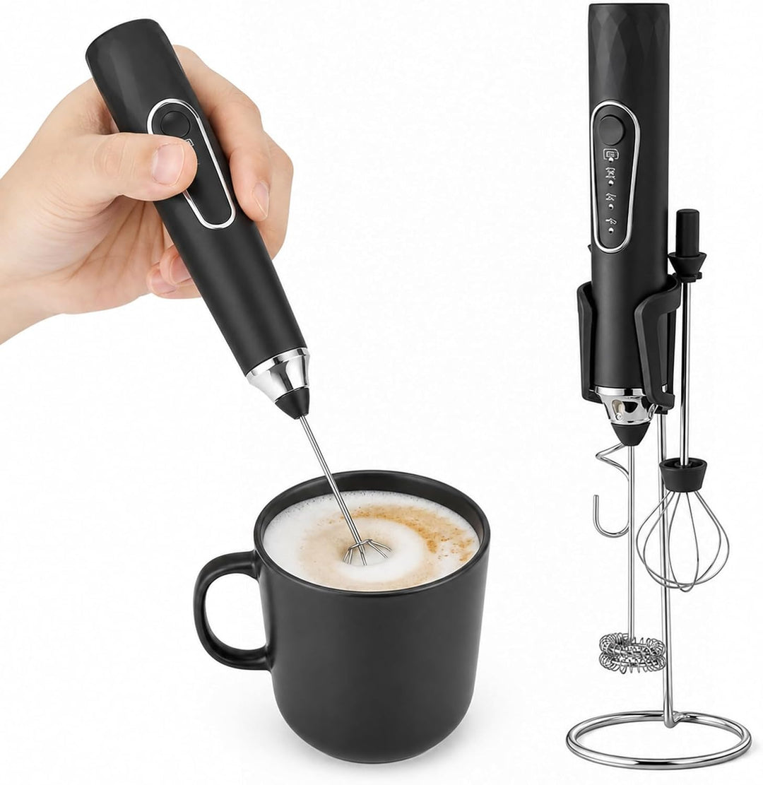 Elektrischer Milchaufschäumer Stab, 3-Kopf Handmixer Wiederaufladbar mit Praktischer Halterung, Leis