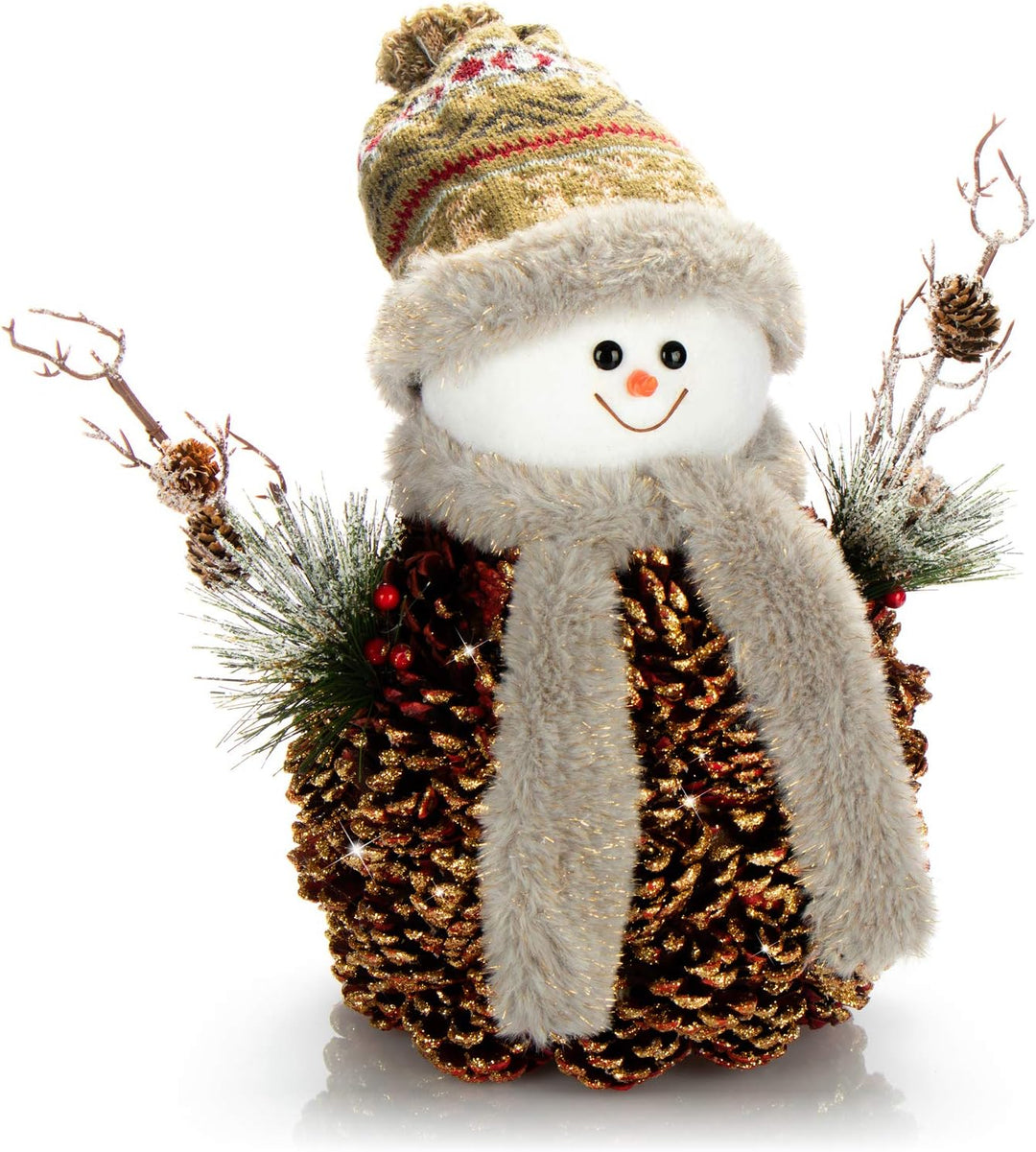 COM-FOUR® Schneemannfigur Grösse L Premium, winterliche Dekofigur mit Tannenzapfenkörper, Handmade l