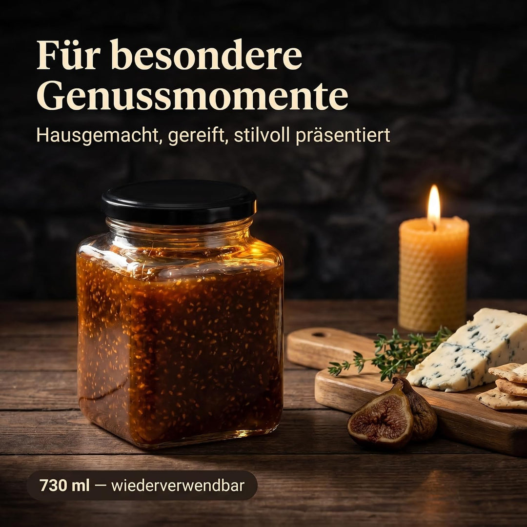 gouveo 6er Set Einmachgläser 730 ml eckig mit Schraub-Deckel schwarz - Grosse Vorratsgläser mit Dreh