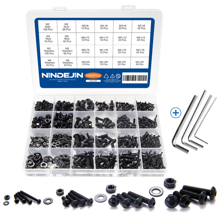 Schrauben Set NINDEJIN 1060PCS Kohlenstoffstahl Schrauben Muttern und Unterlegscheiben Sortiment Kit