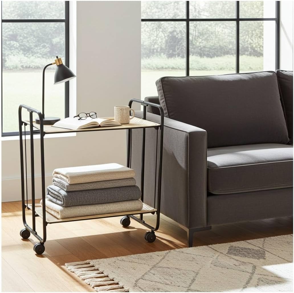 DON HIERRO - Klappbarer Rolltisch Bauhou, 2 Ablagen, Gestell schwarz - Latte-Effekt 66 x 43 x 72 cm.