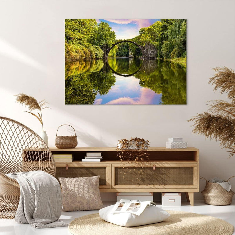 Bilder auf Leinwand 100x70cm Leinwandbild mit Rahmen Park Natur Wasser Gross Wanddeko Bild Schlafzim