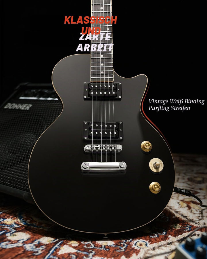 Donner E-Gitarre Set E Gitarren LP-Stil 39 Zoll Voller Grösse mit Tasche, Gurt, Kabel (Schwarz), Sch