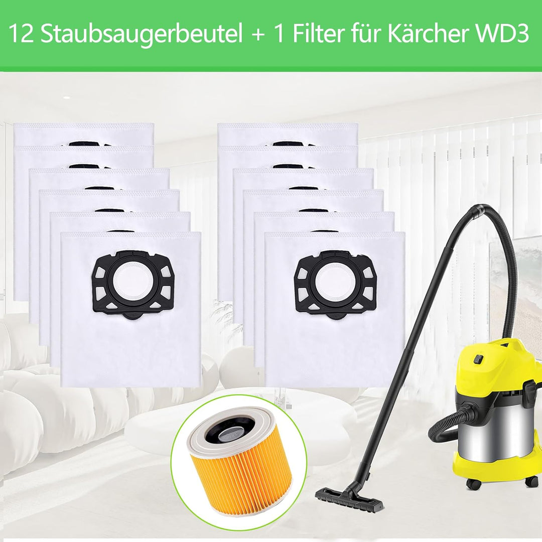 12 Staubsaugerbeutel und 1 Filter für Kärcher KFI 357, WD2, WD 2 Plus, WD 3, KWD 1-3, SE 4001, SE 40