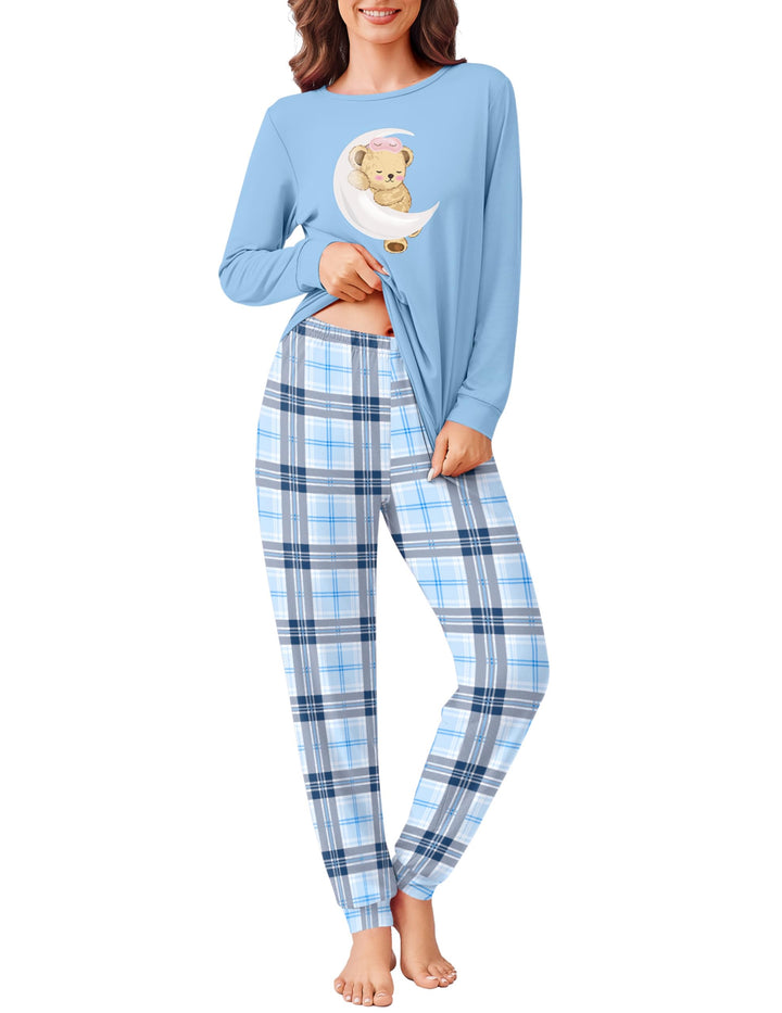 Ekouaer Schlafanzug Damen Lang Kuschelig Pyjama Set mit Bündchen Kariert Pyjamahose mit Tasche Blaue
